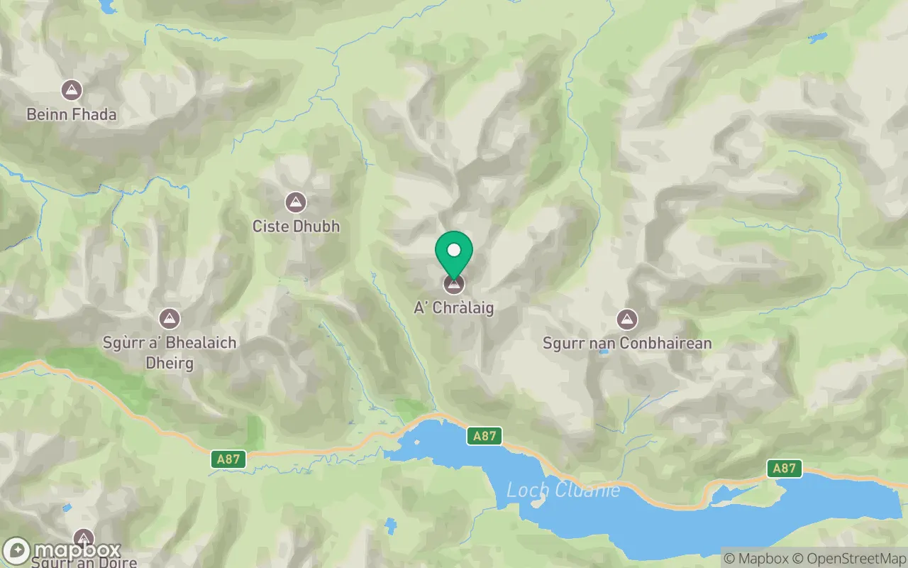 Map showing the location of A' Chralaig in Kintail, Scotland