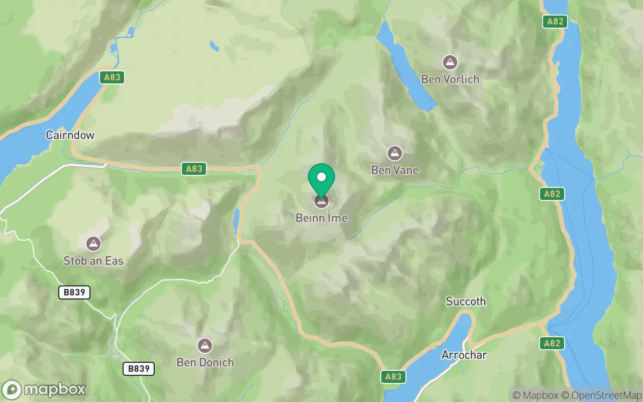 Map showing the location of Beinn Ime in Loch Lomond, Scotland