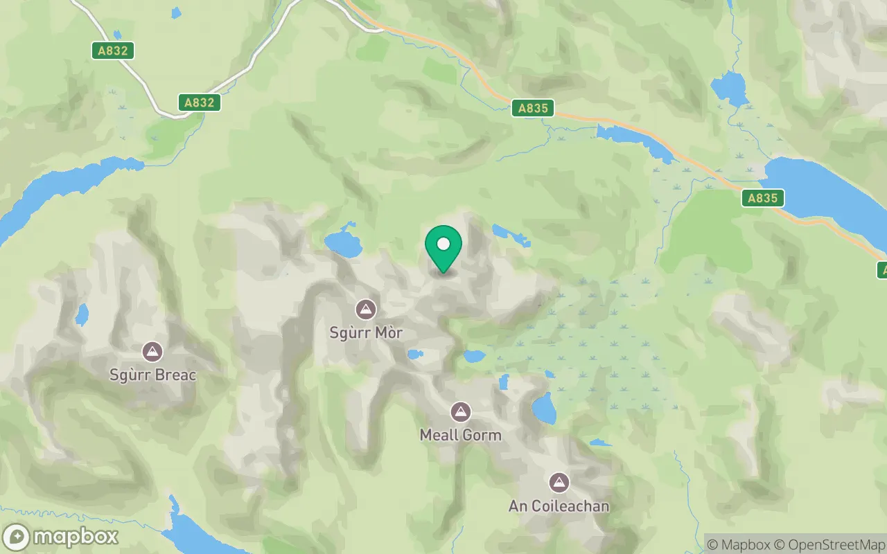 Map showing the location of Beinn Liath Mhor Fannaich in Ullapool, Scotland