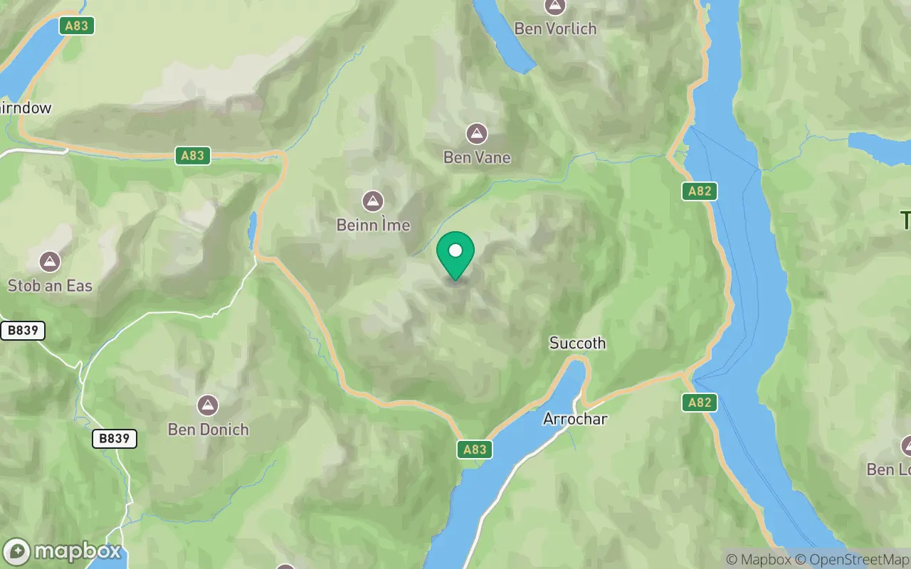 Map showing the location of Beinn Narnain in Loch Lomond, Scotland