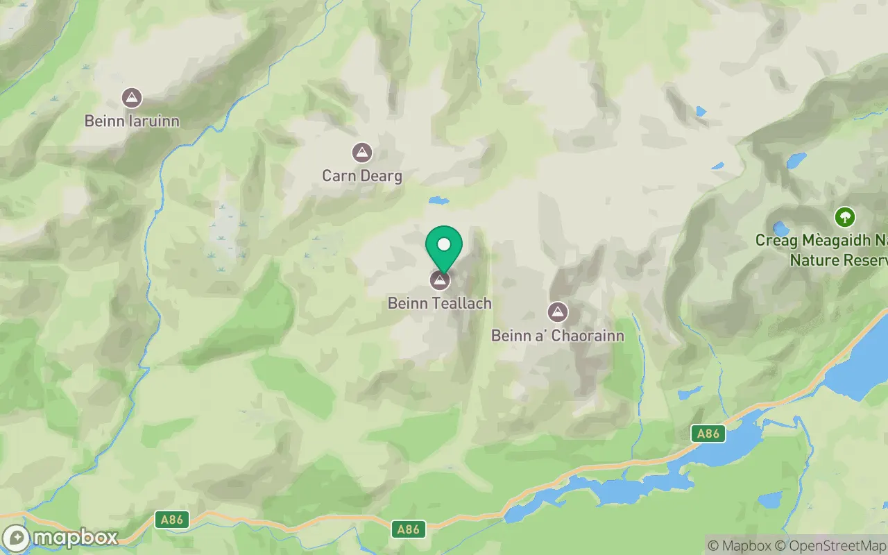 Map showing the location of Beinn Teallach in Fort William, Scotland