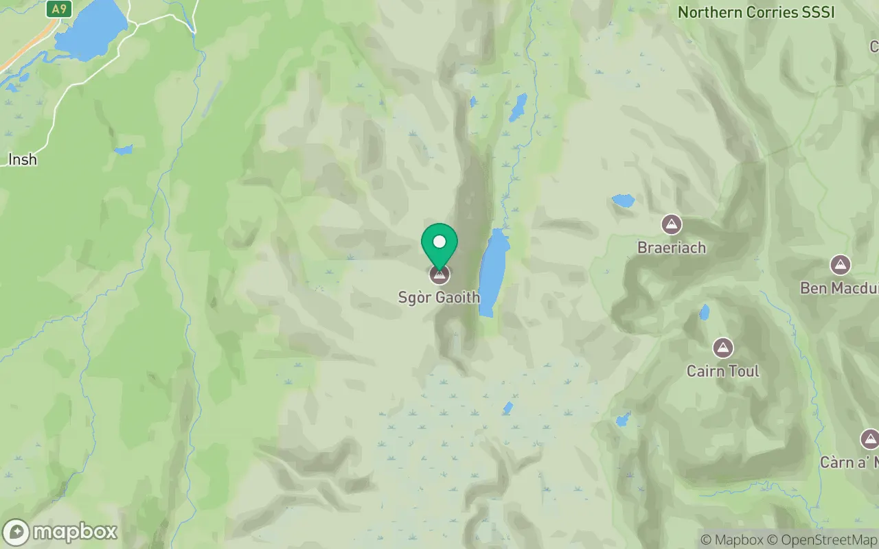 Map showing the location of Sgor Gaoith in Cairngorms, Scotland