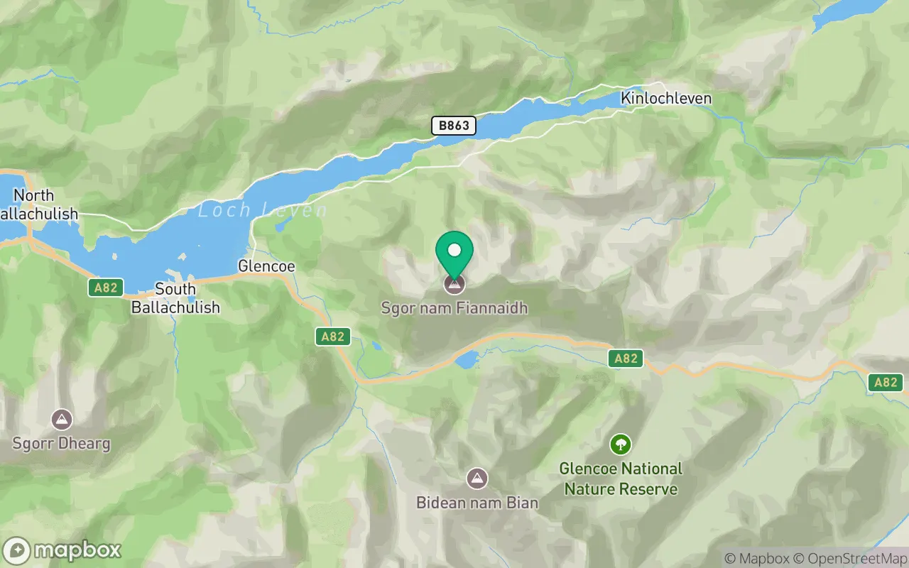 Map showing the location of Sgorr nam Fiannaidh in Fort William, Scotland