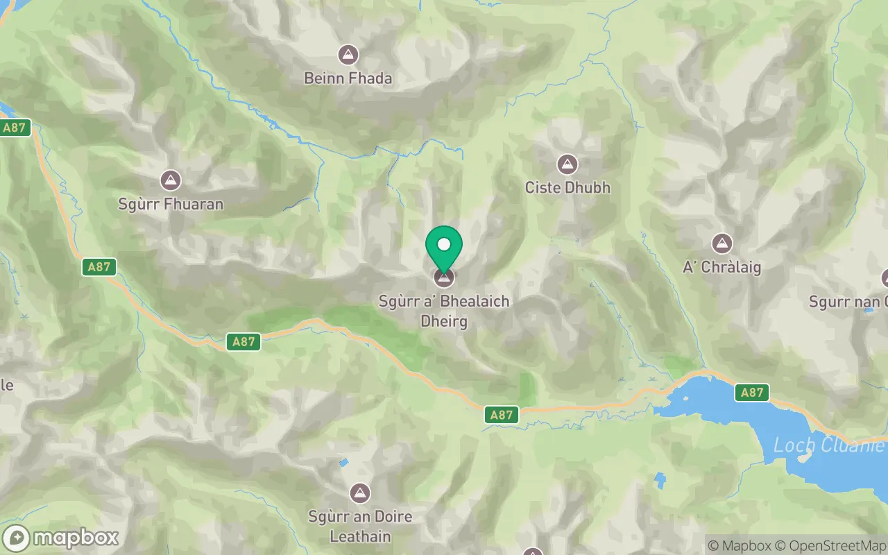 Map showing the location of Sgurr a' Bhealaich Dheirg in Kintail, Scotland