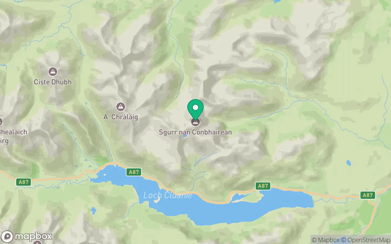 Map showing the location of Sgurr nan Conbhairean in Kintail, Scotland