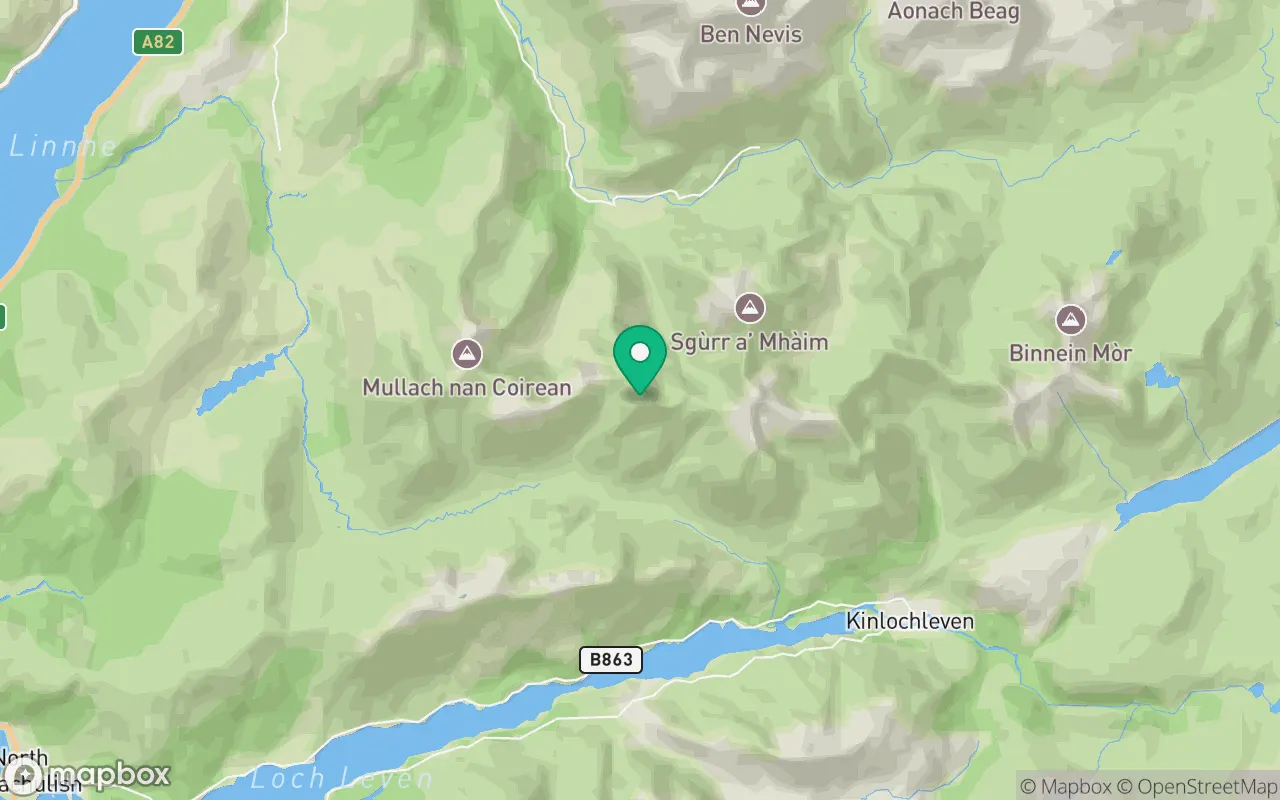 Map showing the location of Stob Ban (Mamores) in Fort William, Scotland