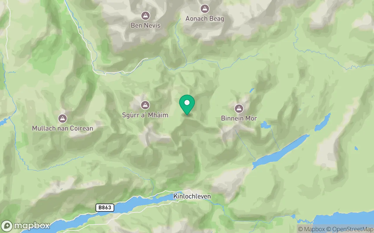 Map showing the location of Stob Coire a' Chairn in Fort William, Scotland